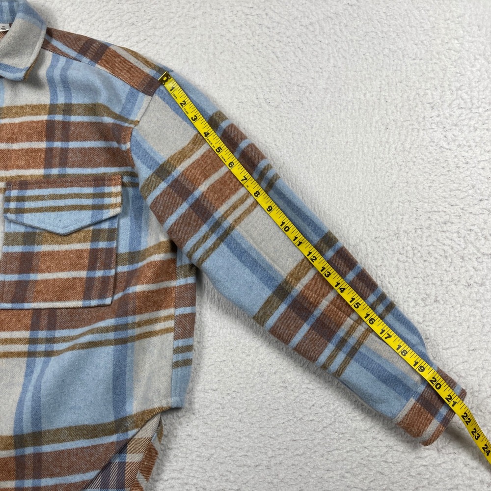Ford Bronco Flannel Shirt Womens Small Blue Brown Plaid Graphic Back Shacket - Picture 5 of 12